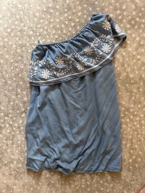Rebecca Minkoff One-Shoulder Blue Dress with White Embroidered Ruffle